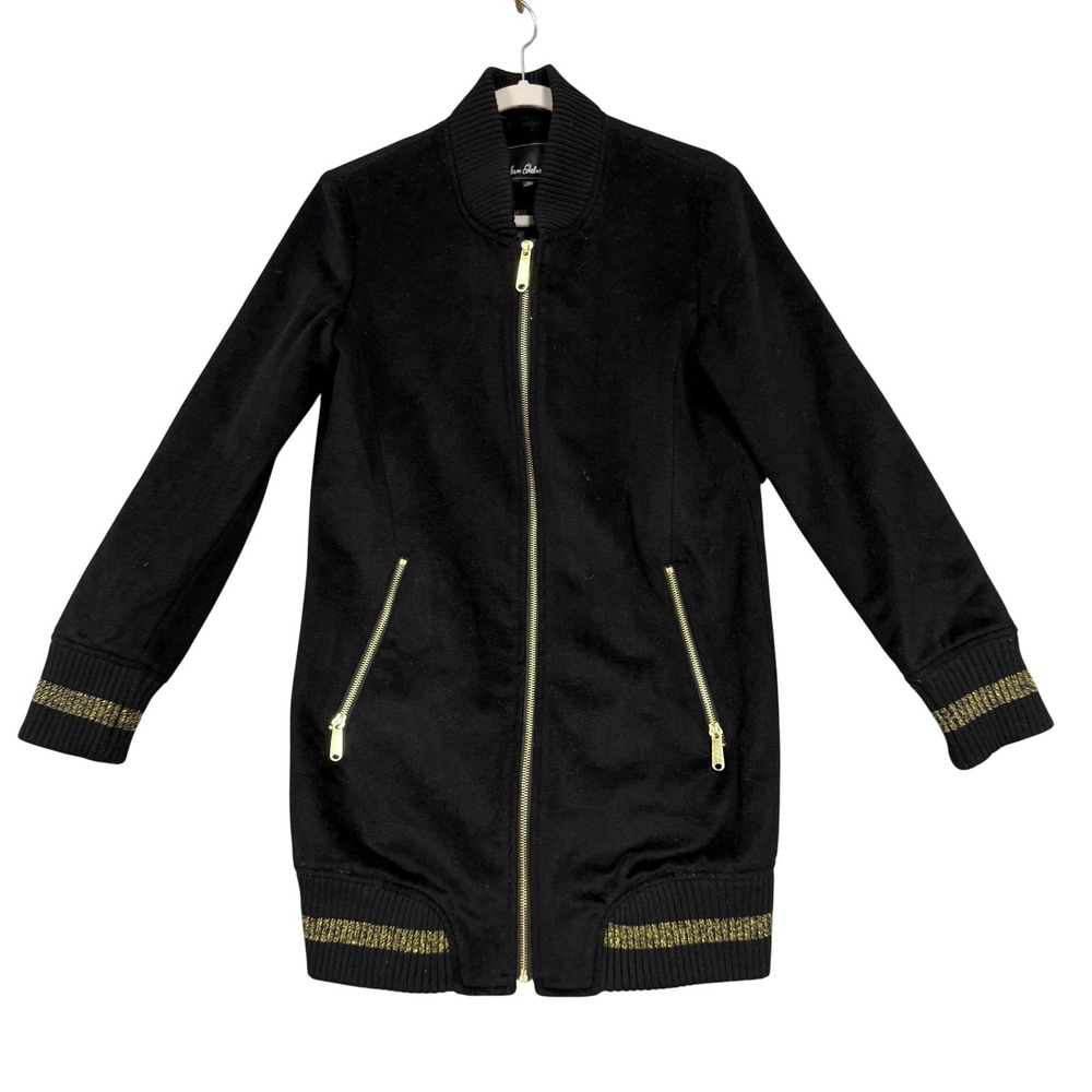 Sam Edelman Jacket Womens XS Black Wool Blend Long Bomber Gold Zip Pockets